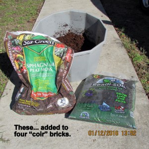 Peat moss and planter soil added to coir
